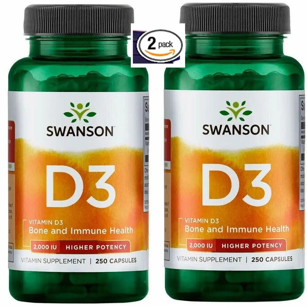 2 Pack Vitamin D-3, 500 Caps (2x250) 2 BOTTLES Higher Potency 2000 IU, D3 Bone D
