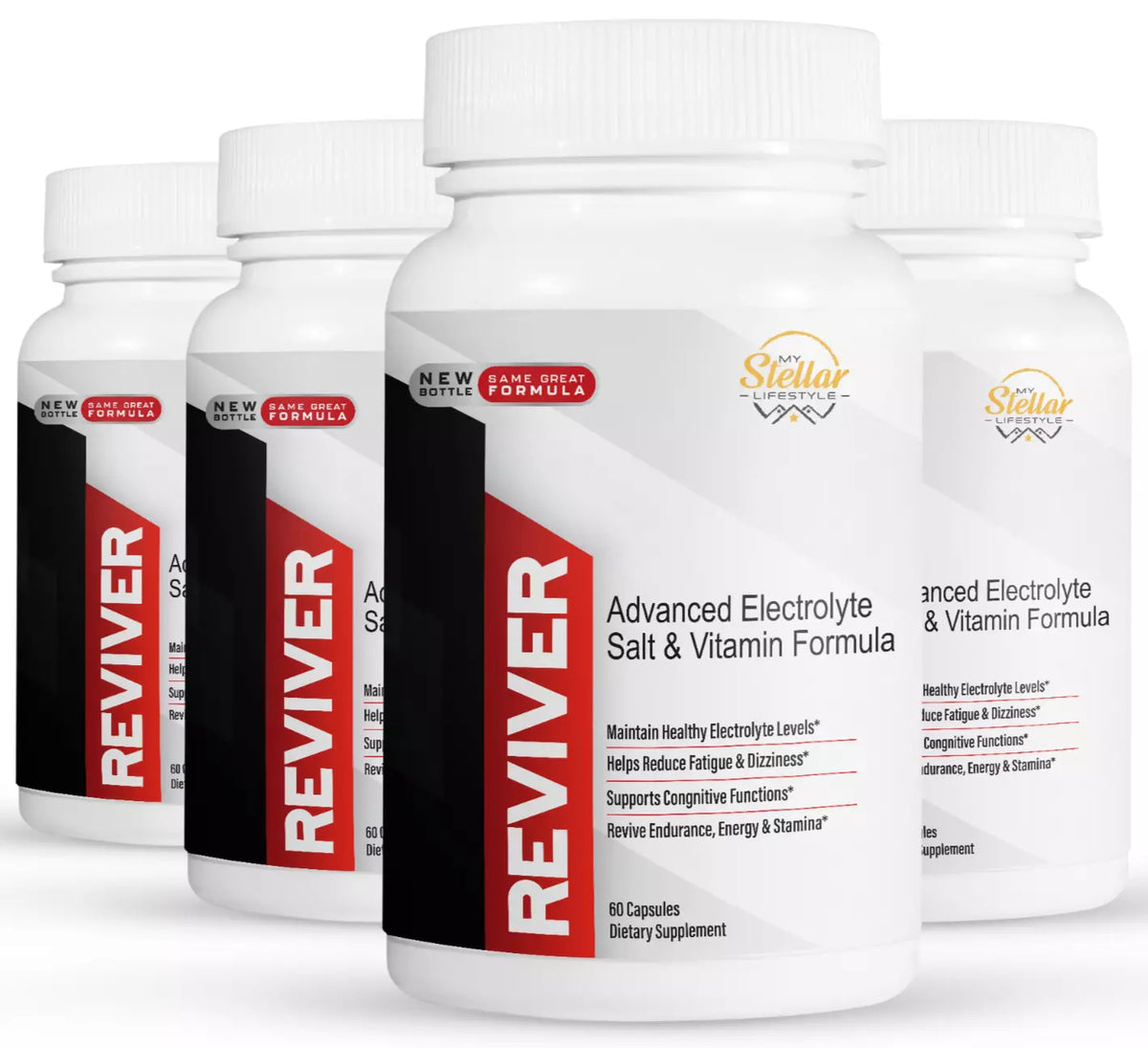 4 Pack Reviver, fórmula de sal y vitaminas con electrolitos-60 Cápsulas x4