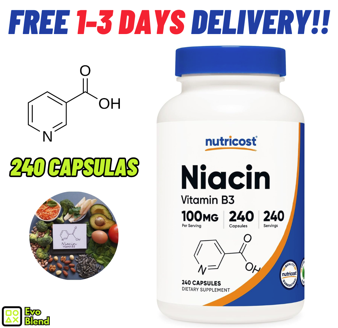 Niacina (Vitamina B3) 100 mg, 240 Cápsulas - Enrojecimiento, Sin OMG, Sin Gluten