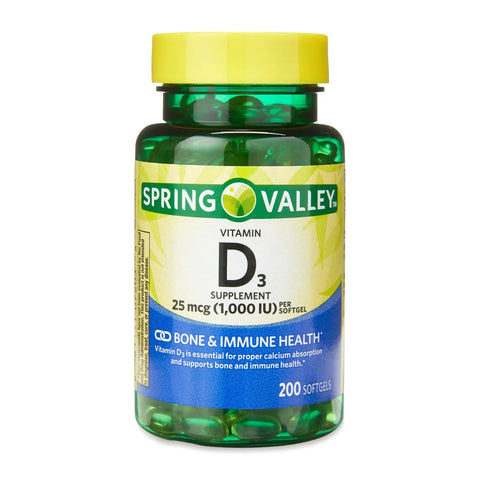 Spring Valley Vitamin D3 25 mcg 1000 IU Softgels Vitamina D 200-Count FREE SHIP