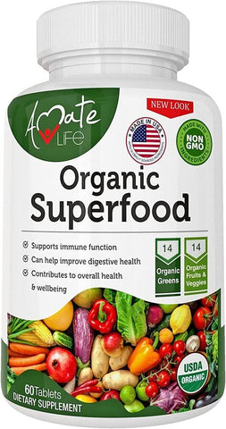 Superalimento orgánico - Complejo de verduras, frutas y verduras, 60 tabletas