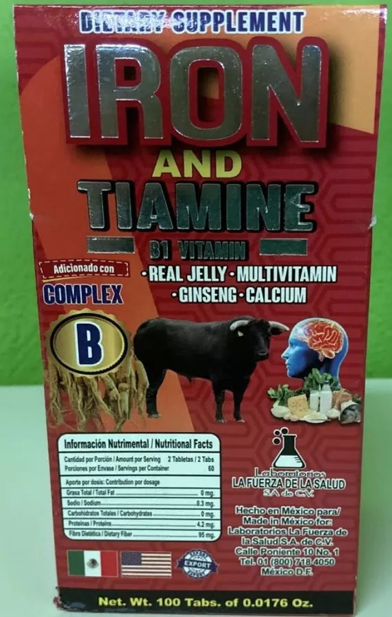 Hierro y Tiamina Vitamina B1, Complejo B, Jalea Real, 100 Tabs 500mg, Iron Tabs