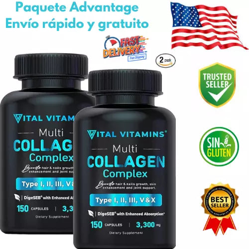 Vitaminas de colágeno para mujeres y hombres (paquete de 2),300 cápsulas,sin OMG